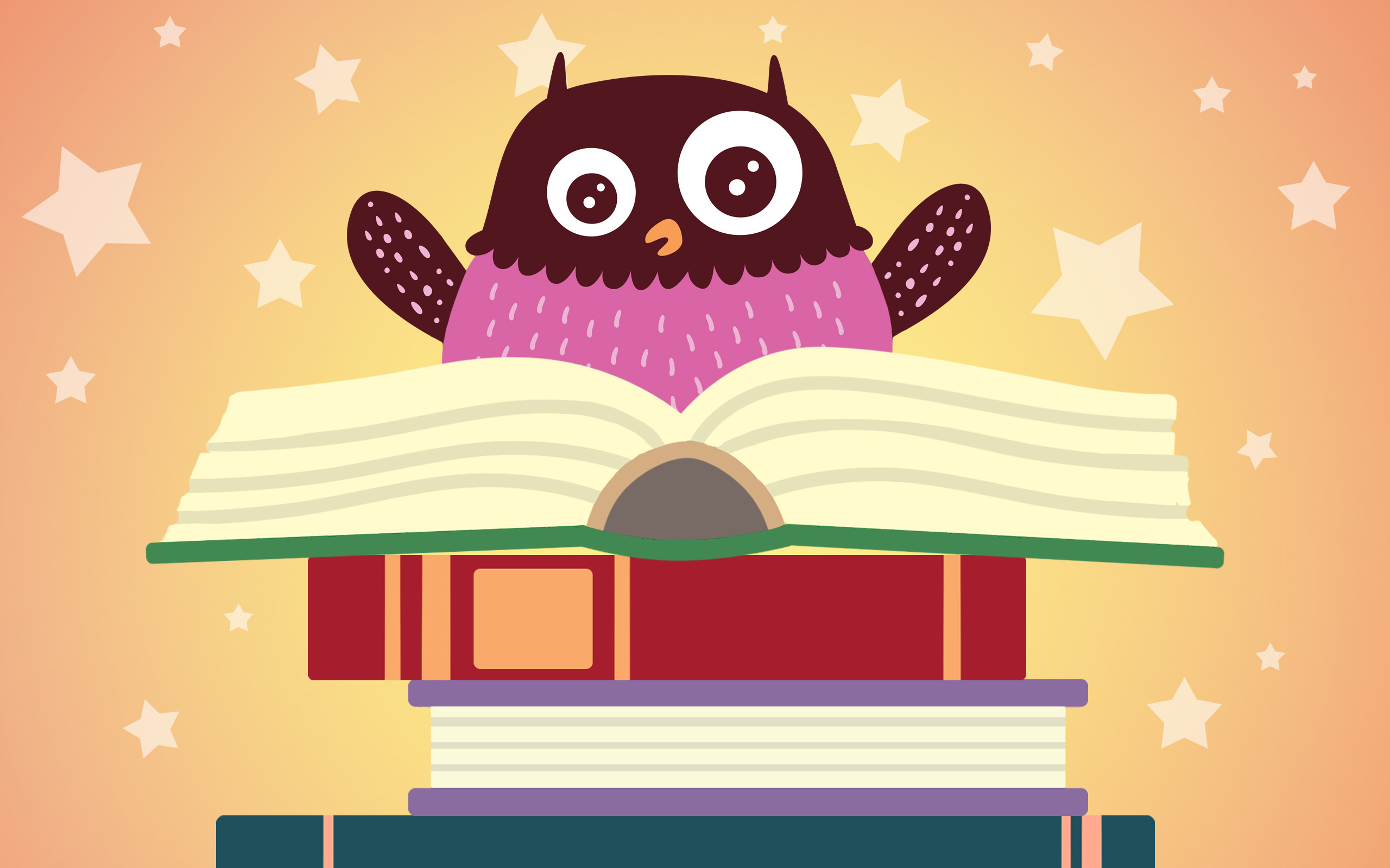 Polarugglan på en hög med böcker.