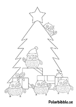 Fem Polarugglor vid en julgran med julklappar